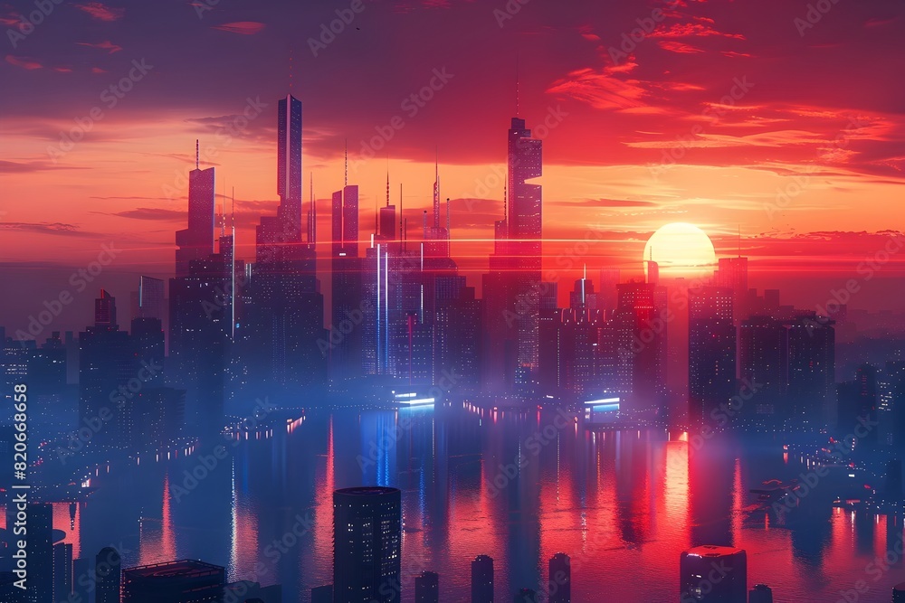 Futuristic Cityscape at Captivating Sunset Showcasing Towering Skyscrapers Bathed in a Vibrant Red, White, and Blue Gradient Evoking a Sense of