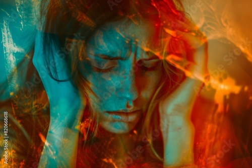 Young woman suffering from a severe depression/anxiety (color toned image; double exposure technique is used to convey the mood of unease, progression of the anxiety/depression) photo