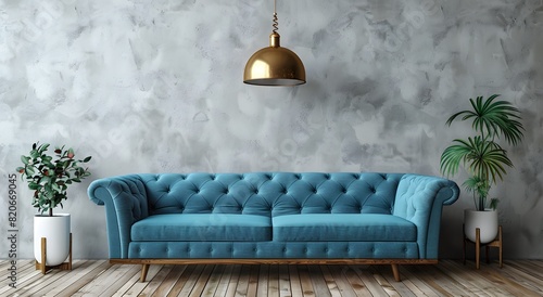 Modern interior design of blue sofa with gold pendant lamp and gray wall, retro living room background mockup 3d rendering photo