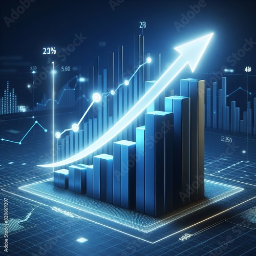 A digital 3D illustration showing a blue bar graph with a glowing upward arrow indicating growth  set against a futuristic cityscape background.. AI Generation