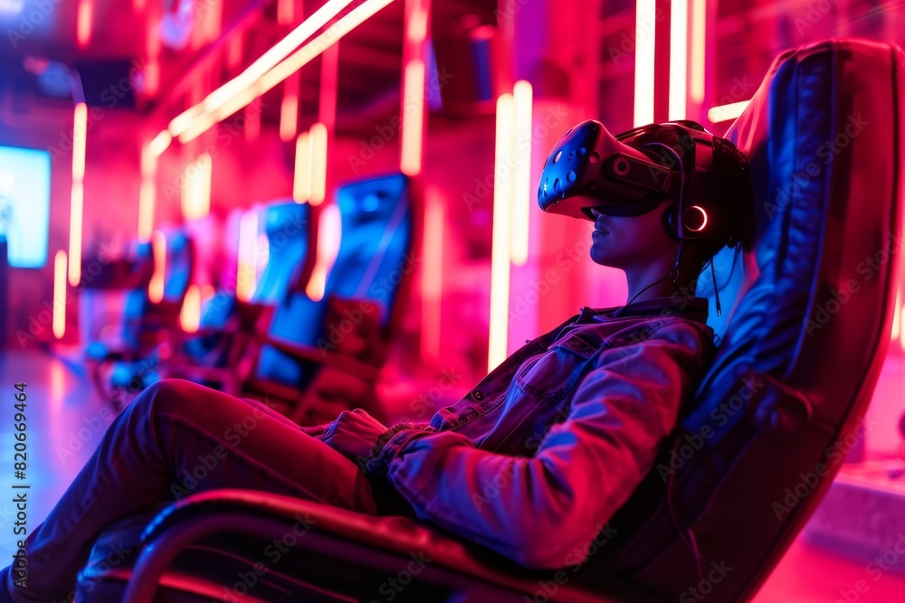 Obraz premium VR gaming experience in a high-end gaming lounge, AI generated