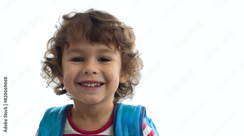 Endearing child sporting a big smile, geared up for their first school day, against a transparent white background. Endearing child sporting a big smile, geared up for their first school day, against a transparent white background.