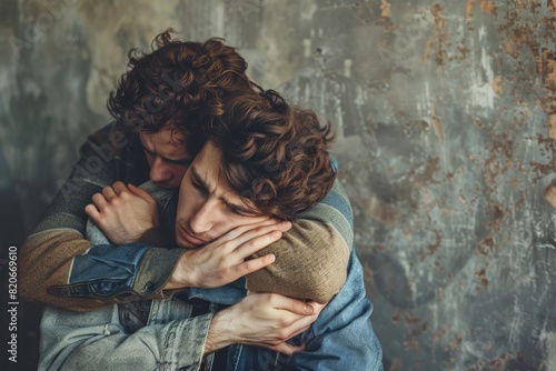 Sad Queer Drama Concept. Boyfriend is Unhappy and Depressed About Something. His Gay Friend is Comforting Him, Holding His Hands. Miserable Man Puts His Head on a Shoulder and Cries. photo