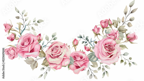 Beautiful pink rose flower wreath with watercolor