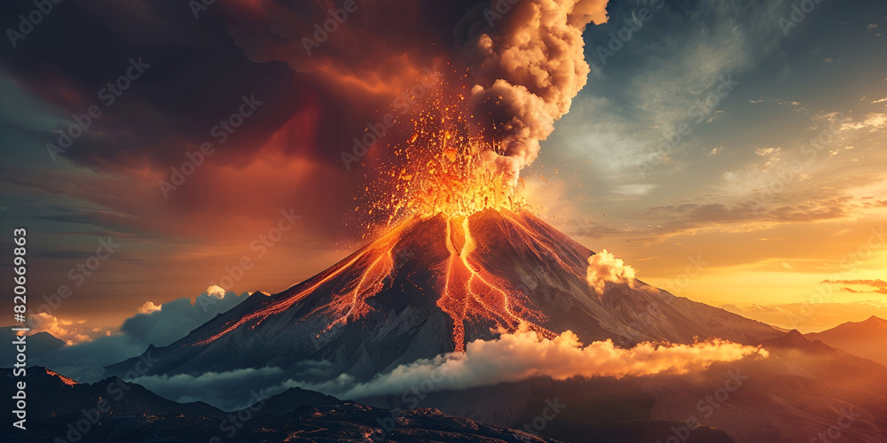 Fototapeta premium Volcano eruption with smoke and ash in the sky 3d illustration 