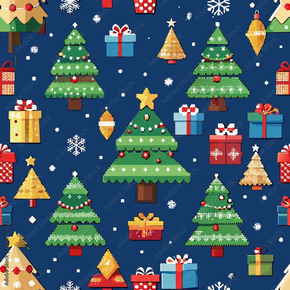 Seamless pattern of pixelated holiday motifs like Christmas trees, snowflakes, and presents, spreading joy and cheer, Generative AI Seamless pattern of pixelated holiday motifs like Christmas trees, snowflakes, and presents, spreading joy and cheer, Generative AI