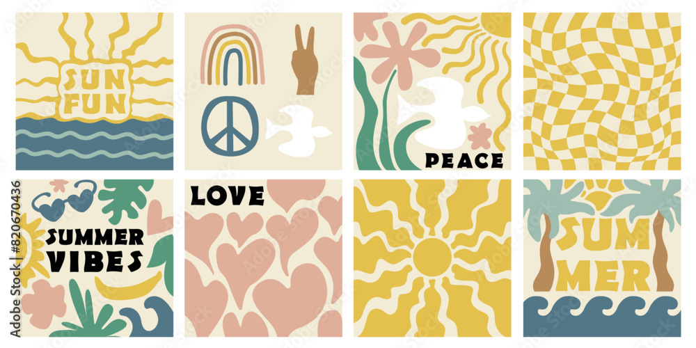 Summer retro groovy posters, cards, prints set.  Palms, sea, hearts, flowers. Hippie style.