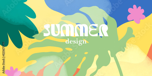 Summer abstract background. Bright colorful modern branding concept. Sale, ads, poster, card template. Exotic tropical plants, leaves.