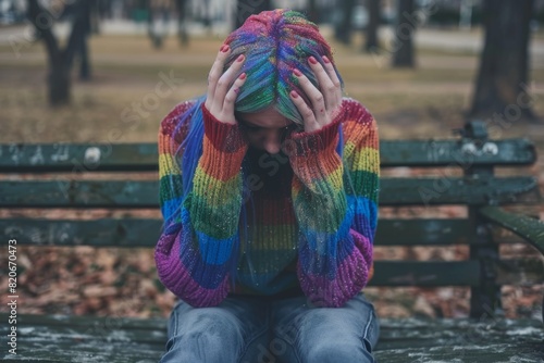 Sad lesbian woman with LGBTQ rainbow tattoo covering her head with hands and sitting on the park bench alone. Concept of sadness and pain for homosexual discrimination. Mental crisis, depression.