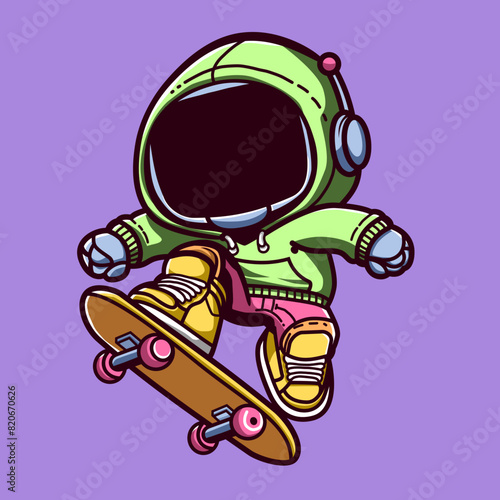 Cute Cartoon Character Robot wearing hoodie playing skate board vector illustration.