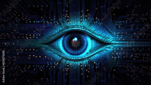 Technological eye with circuit board patterns. Cyber security and artificial intelligence theme. Design for digital identity, futuristic technology. Close up of eye surrounded with microchip. AIG35.