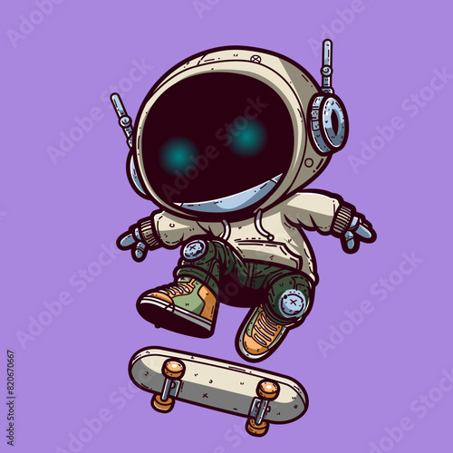 Cute Cartoon Character Robot wearing hoodie playing skate board vector illustration.