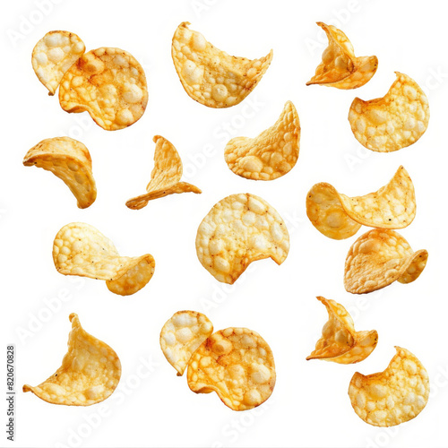 Potato chips isolated on a white background, with food tags like snack, isolated, white, collection, potato, and chips photo