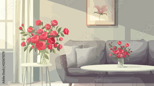 Beautiful rose flowers in vase on table and grey sofa