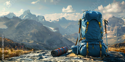 Man traveler with trekking sticks going up the mountain 