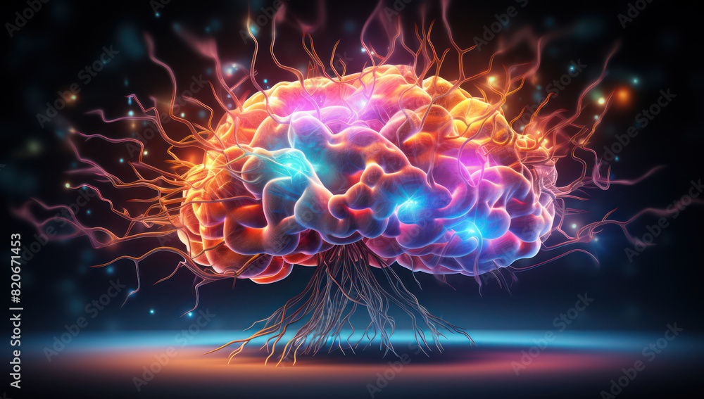3d image of the human brain with a brightly colored background, in the style of natural phenomena. Graphic of brain presenting in side view with lightning effect. Generative AI 3d image of the human brain with a brightly colored background, in the style of natural phenomena. Graphic of brain presenting in side view with lightning effect. Generative AI