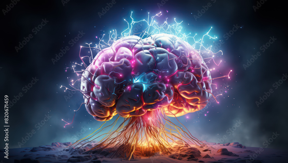 3d image of the human brain with a brightly colored background, in the ...