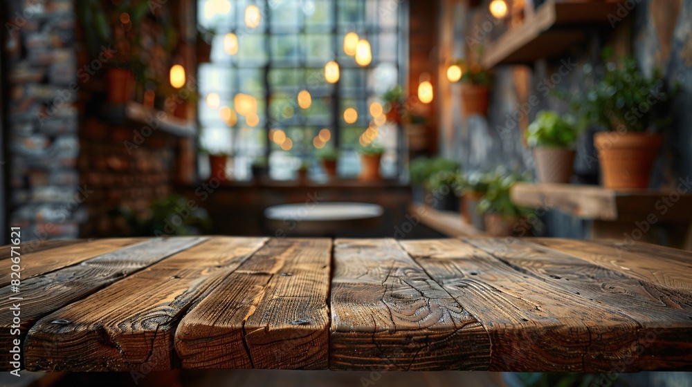 A wooden plank serves as a blank canvas against a hazy caf√© backdrop.