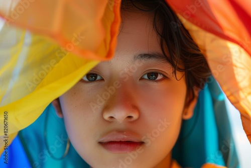 Portrait young teen queer transgender Asia people look at camera under colorful stripes flag. Closeup eye face cry sad hiding true self identity in gay LGBT LGBTQIA bisexual mental illness problem.