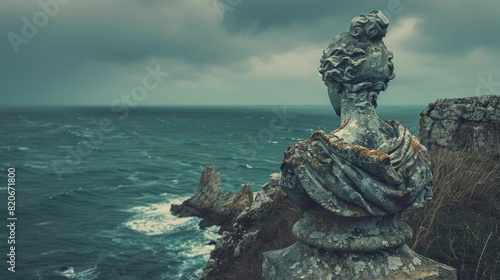 A sculpture of a woman on a rock, gazing out over the vast ocean in a serene natural landscape, with the sky and water blending seamlessly AIG50