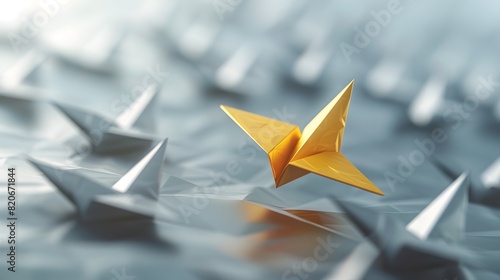 Soaring Golden Origami Plane Amid Silver Flock Symbolizing Leadership and Audacity generative ai