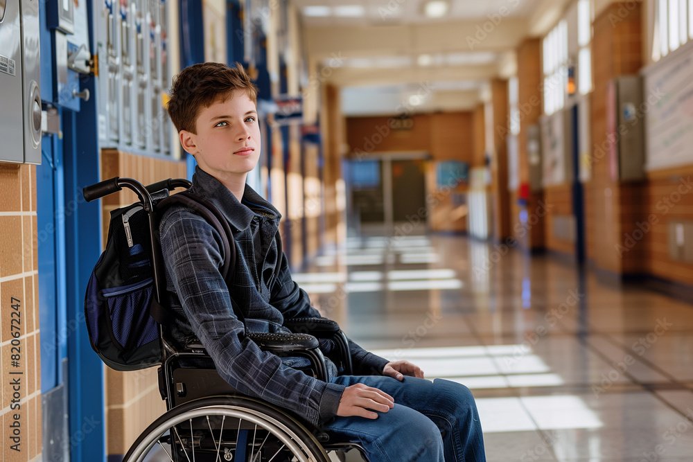 Teenage Boy in Wheelchair Posing Confidently in a School Hallway Teenage Boy in Wheelchair Posing Confidently in a School Hallway