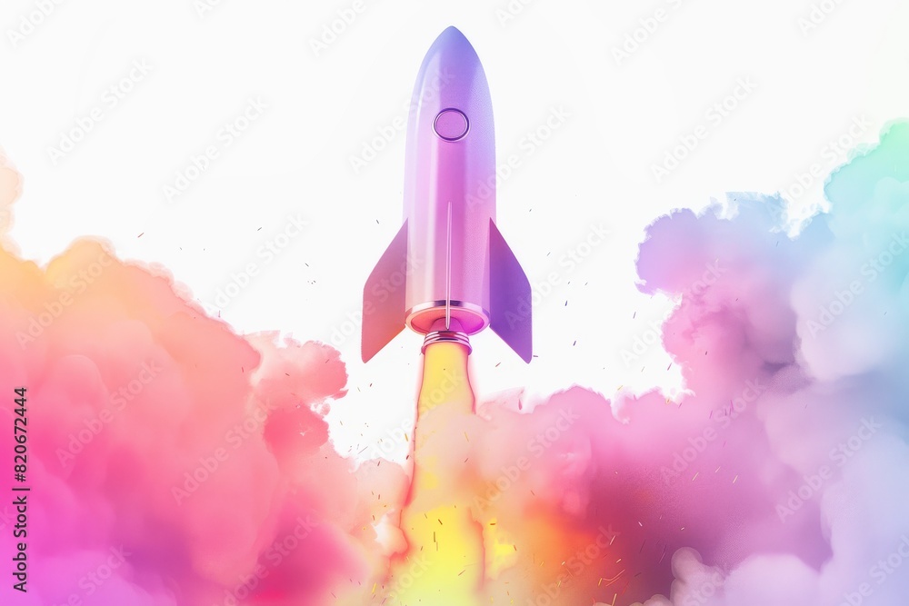 Fototapeta premium Minimal Vibrant Rocket Launch Illustration with Colorful Smoke Trails Ideal for Futuristic and Creative Designs
