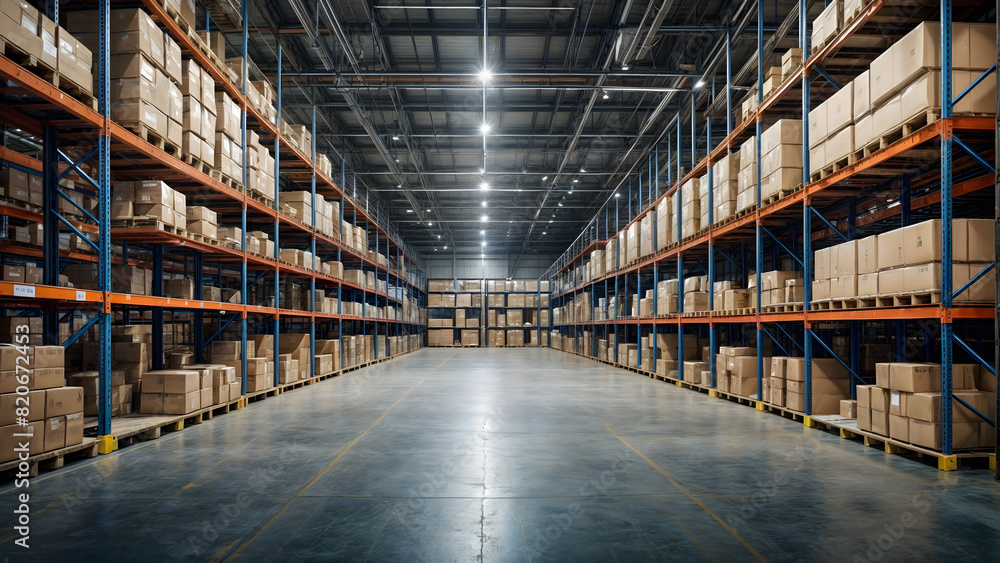Fototapeta premium A large warehouse with shelves on both sides filled with boxes.