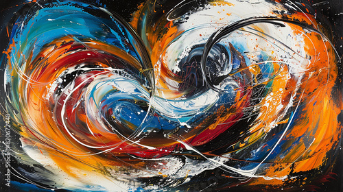 Bold, expressive lines and swirls of paint intertwining on the canvas in an action painting, creating a sense of frenetic motion and raw emotion.