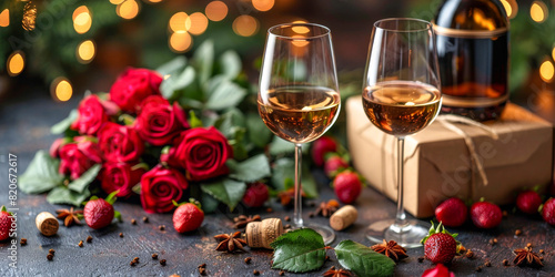 Wine glasses set among vibrant red roses, with holiday accents creating a warm, celebratory atmosphere