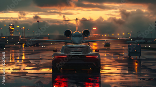 Luxury black car and private jet on the runway  photo