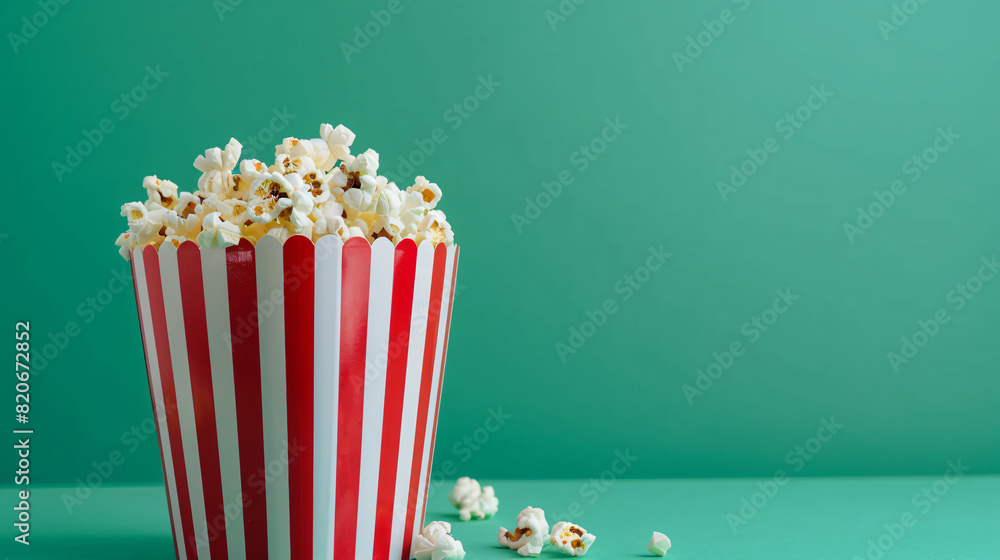 Bucket with tasty popcorn on green background