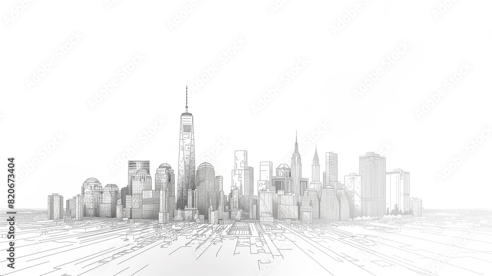 A precise black and white line drawing of a modern city skyline