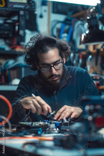 An entrepreneur working on a prototype in their garage-turned-lab, surrounded by tools and equipment, Generative AI