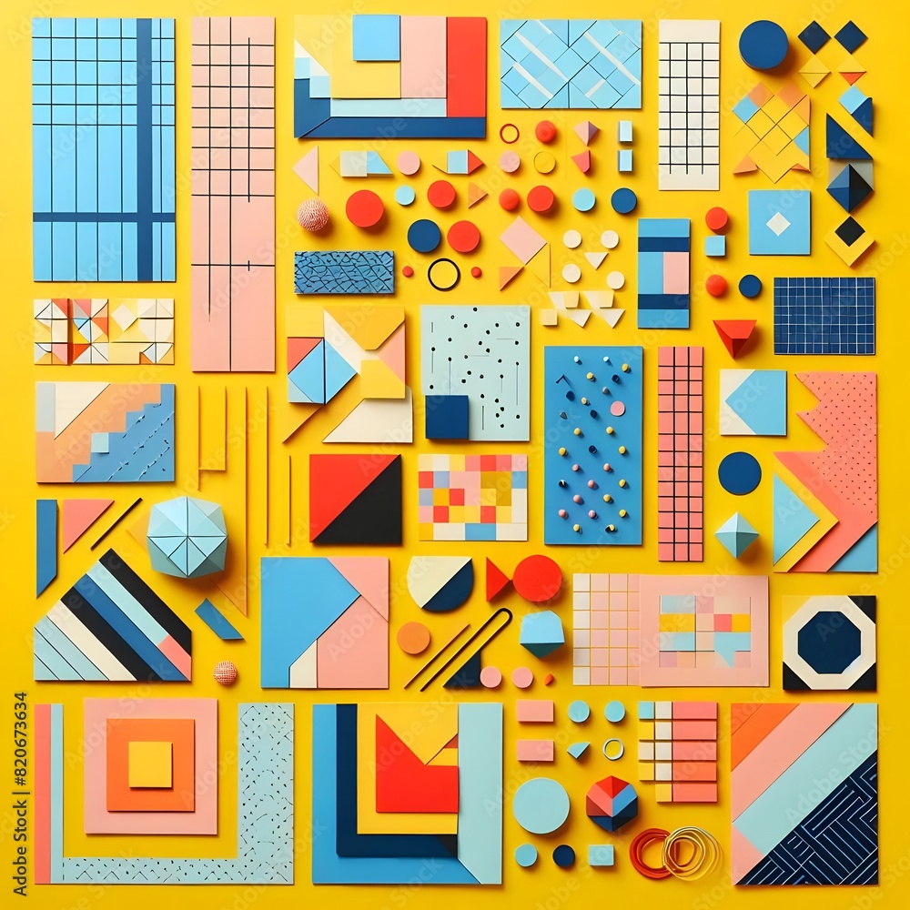 AI Generate of Background texture of Fashion Papers in Memphis Geometry Style. Yellow, blue, light blue, red and pastel pink colors. Top view, flat lay. AI Generate of Background texture of Fashion Papers in Memphis Geometry Style. Yellow, blue, light blue, red and pastel pink colors. Top view, flat lay.