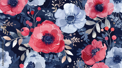 Watercolor flowers red navy blue magenta bouquets pat