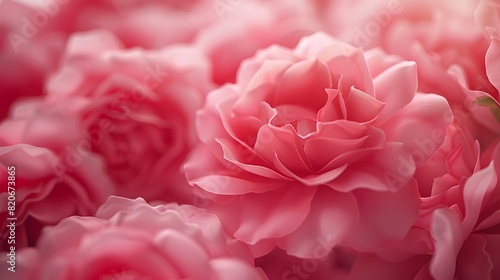 Close-up of blooming pink roses in a garden, showcasing the delicate petals and lush greenery in soft focus.