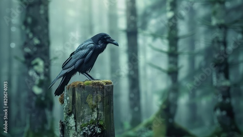 Against the backdrop of a desolate graveyard a crow perches atop a weathered tombstone