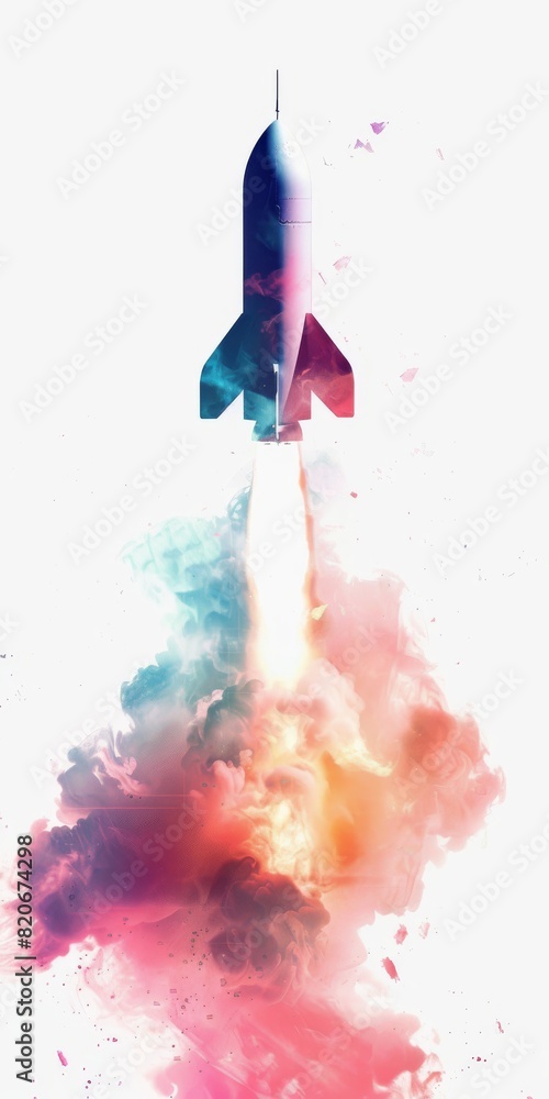 Obraz premium Minimal Vibrant Rocket Launch Illustration with Colorful Smoke Trails Ideal for Futuristic and Creative Designs