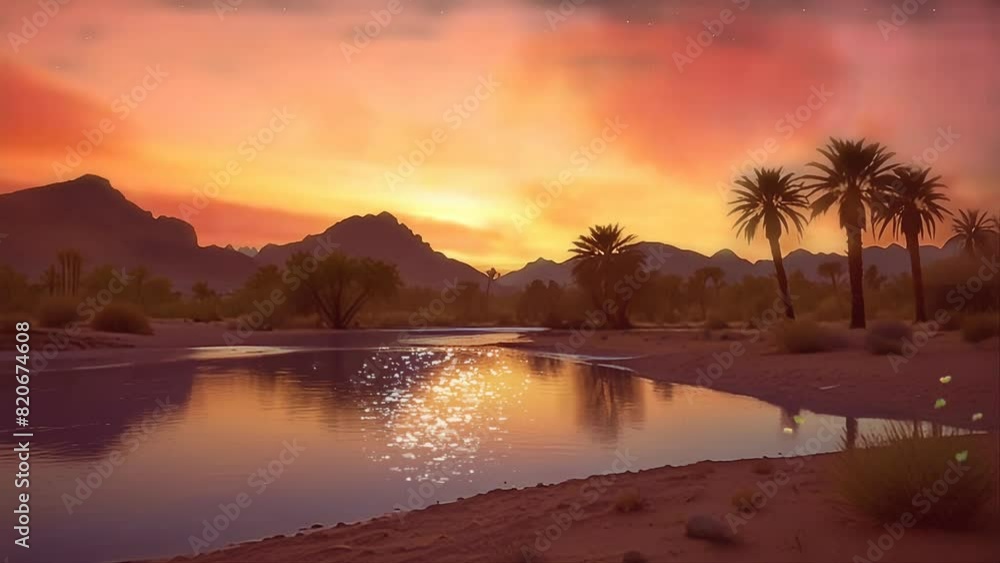 Immerse in the breathtaking beauty of a desert oasis lake, its tranquil waters reflecting the fading hues of sunset or dawn. 4k video looping background Immerse in the breathtaking beauty of a desert oasis lake, its tranquil waters reflecting the fading hues of sunset or dawn. 4k video looping background