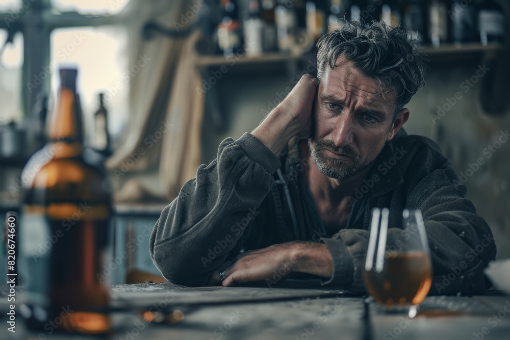 Unhappy man feeling depressed, tired of constant conflicts over his partner's alcoholism. LGBTQ relationship concept Unhappy man feeling depressed, tired of constant conflicts over his partner's alcoholism. LGBTQ relationship concept