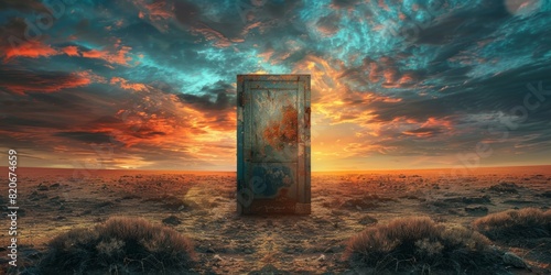 Surreal door in a desert landscape at sunset