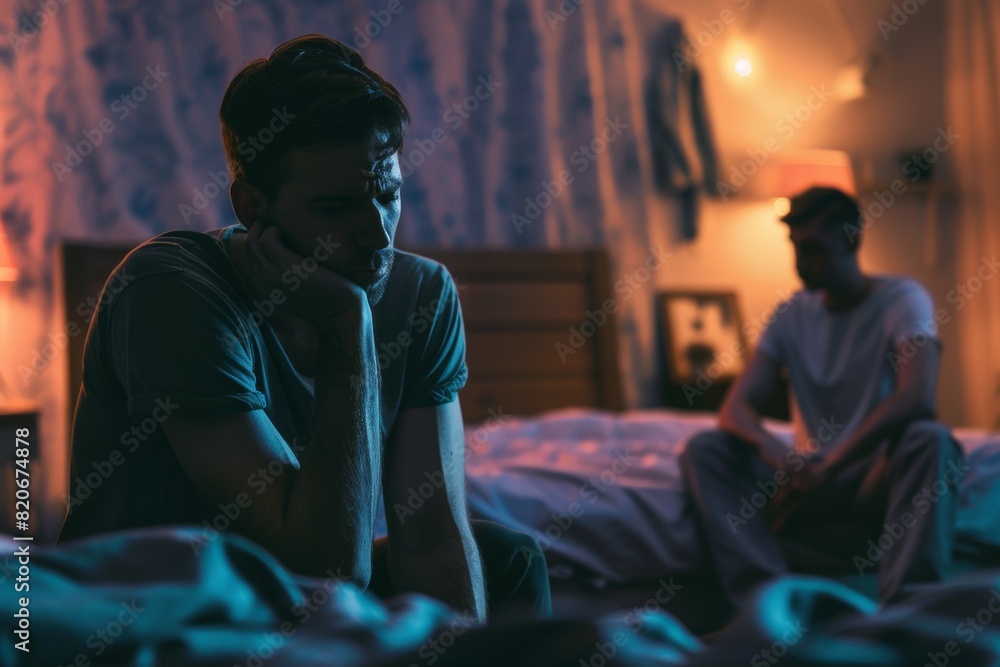 Depressed gay man sitting with closed eyes near boyfriend in bedroom at night, horizontal banner Depressed gay man sitting with closed eyes near boyfriend in bedroom at night, horizontal banner
