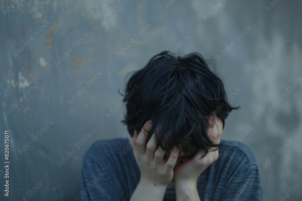 Depressed and lonely bigender person crying and wiping tears on grey backdrop Depressed and lonely bigender person crying and wiping tears on grey backdrop
