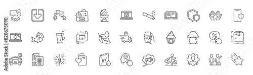 Grill, Qr code and Discount button line icons. Pack of Leaf dew, Load document, Shields icon. Table lamp, Select user, Megaphone pictogram. Professional, Delivery truck, Falling star. Vector