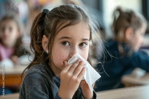 cute elementary school girl with paper napkin blowing nose
