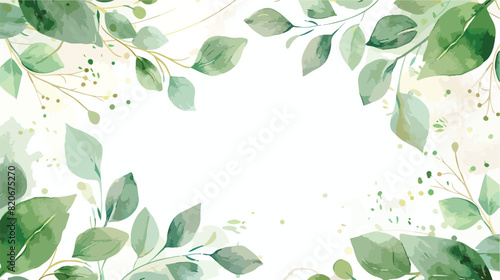 Watercolor green leaves gold frame for wedding birthd