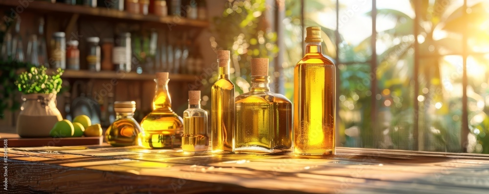 Assorted cooking oils in glass bottles, including olive oil, coconut oil, and avocado oil, displayed on a wooden kitchen counter, warm and rustic, photorealistic Assorted cooking oils in glass bottles, including olive oil, coconut oil, and avocado oil, displayed on a wooden kitchen counter, warm and rustic, photorealistic