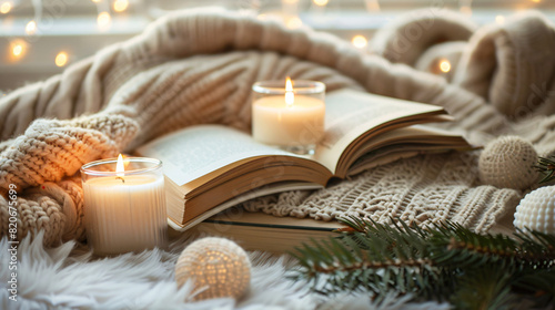 Burning candles books fir branches and sweater on white