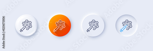 Coronavirus vaccine line icon. Neumorphic, Orange gradient, 3d pin buttons. Corona syringe sign. Covid jab symbol. Line icons. Neumorphic buttons with outline signs. Vector photo